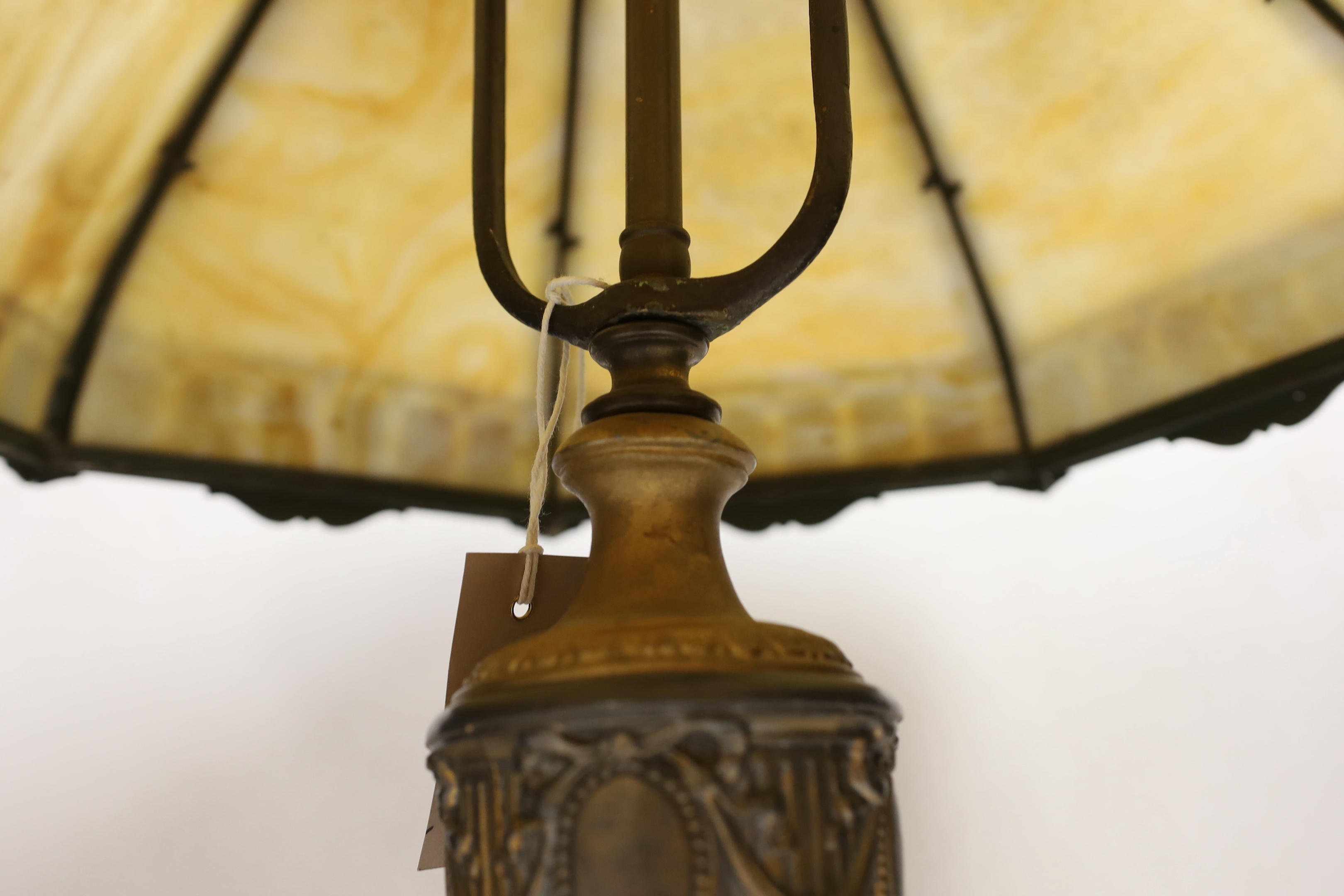 A Louis XVI style gilt spelter table lamp with octagonal Tiffany style glass shade, 58cm high